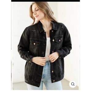 Risen Jeans NWT Black Distressed Oversized Denim Boyfriend Jacket Small S